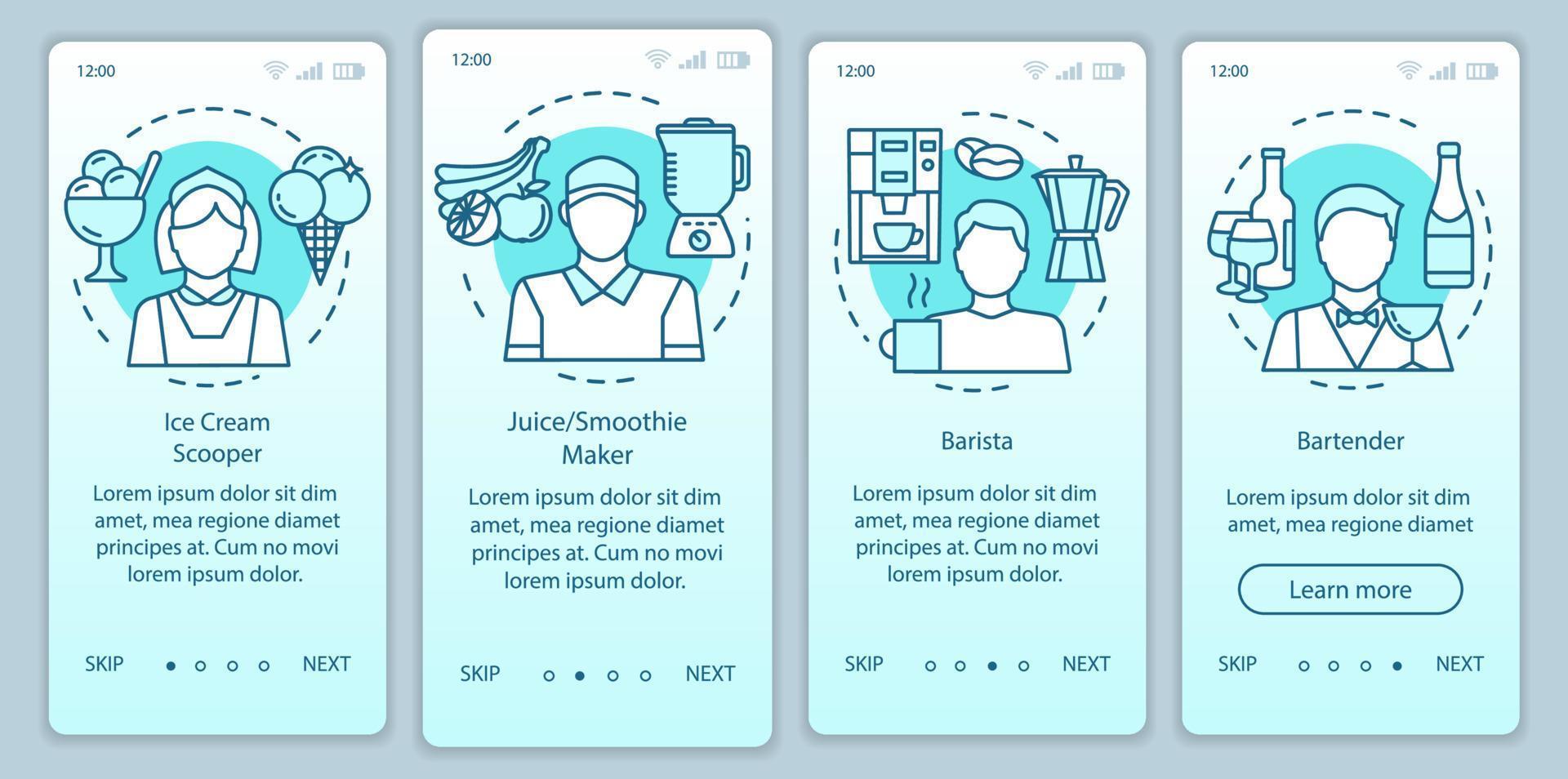 Cafe, fast food industry part-time job turquoise onboarding mobile app page screen vector template. Walkthrough website steps with linear illustrations. UX, UI, GUI smartphone interface concept