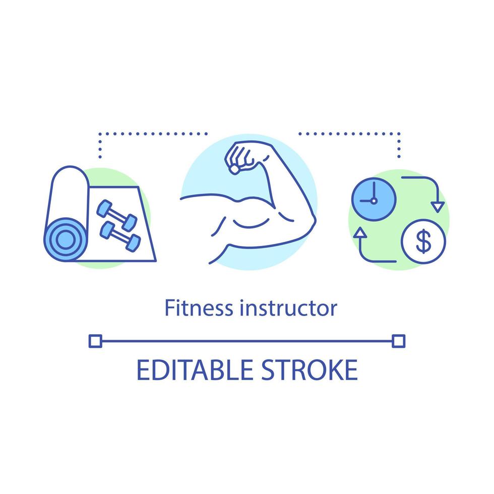 Fitness instructor concept icon. Gym coach, trainer idea thin line illustration. Fitness exercises. Sport, workout training and exercising tool. Vector isolated outline drawing. Editable stroke