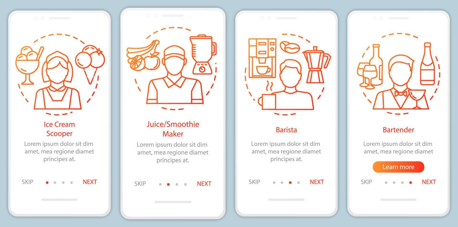 café, industria de comida rápida trabajo a tiempo parcial plantilla de vector de pantalla de página de aplicación móvil de incorporación naranja. paso a paso del sitio web con ilustraciones lineales. ux, ui, concepto de interfaz de teléfono inteligente gui