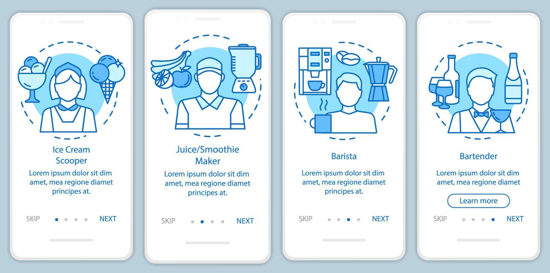 Cafe, fast food industry part-time job blue onboarding mobile app page screen with linear concepts. Barista walkthrough steps graphic instructions. UX, UI, GUI vector template with illustrations