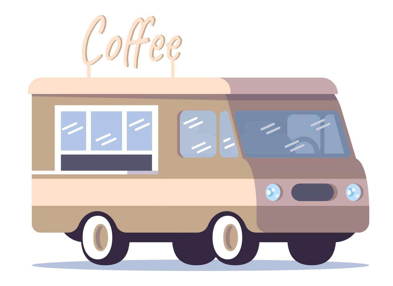 Coffee street truck flat vector illustration. Movable city cafe. Fast delivery. Transportable takeaway coffee point. Commercial food car. Mobile drink van isolated on white background