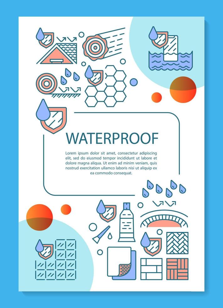 Waterproof construction materials brochure template layout. Flyer, booklet, leaflet print design with linear illustrations. Vector page layouts for magazines, annual reports, advertising posters..