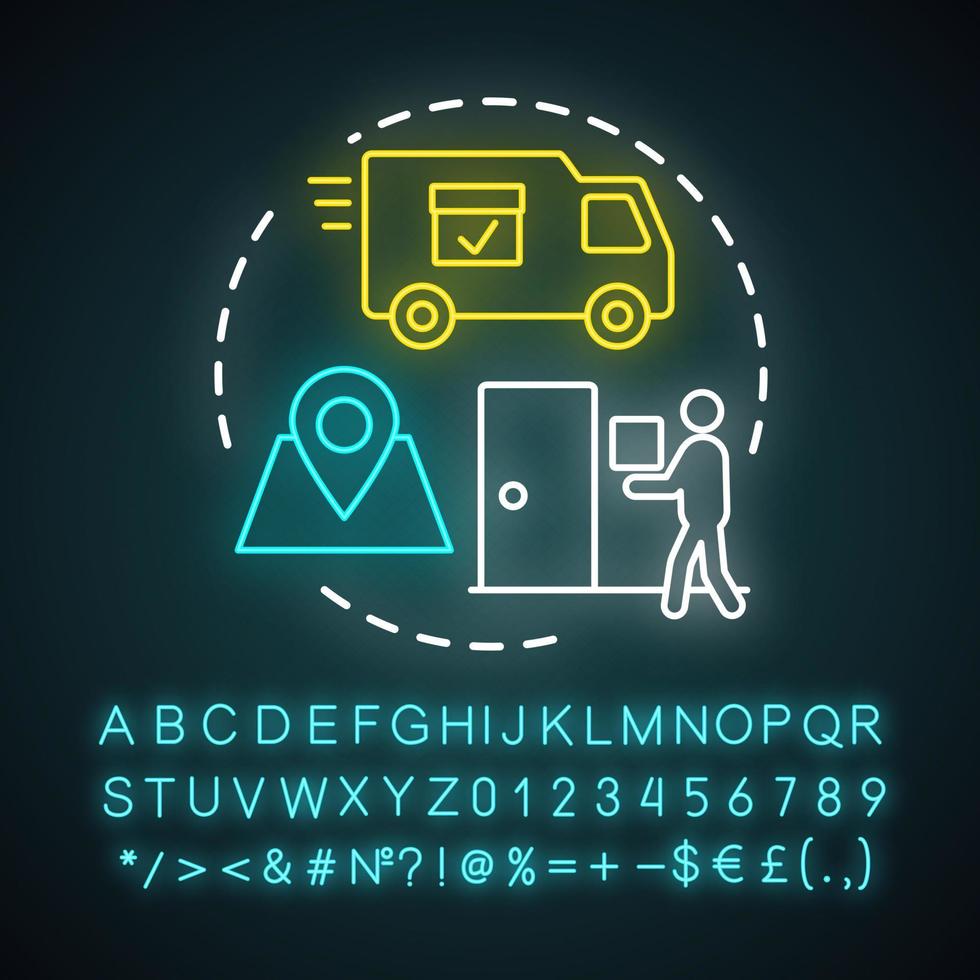Delivery driver neon light icon. Service worker. Express shipment, distribution. Delivery vehicle, truck. Cargo shipping. Glowing sign with alphabet, numbers and symbols. Vector isolated illustration