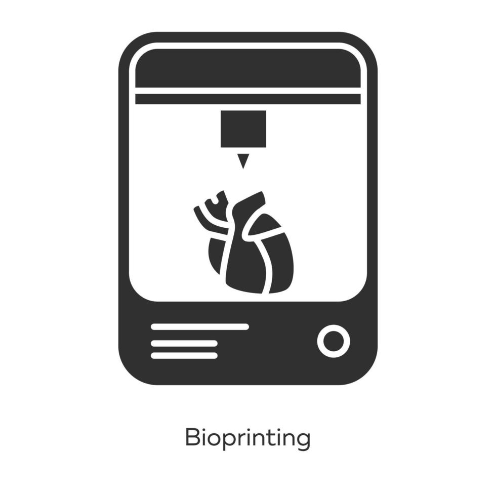 Bioprinting glyph icons set. Artificial heart 3d printing. Living organs producing. Medical technologies. Bioengineering. Silhouette symbols. Vector isolated illustration