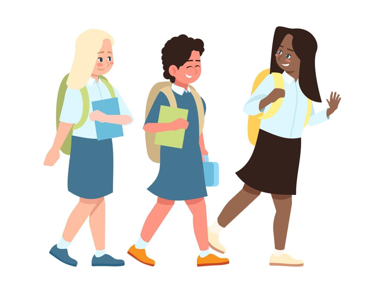 Multiracial schoolkids saying goodbye flat vector illustration. Happy multicultural schoolmates greeting isolated on white cartoon characters. Caucasian, dark skinned schoolchildren going to school