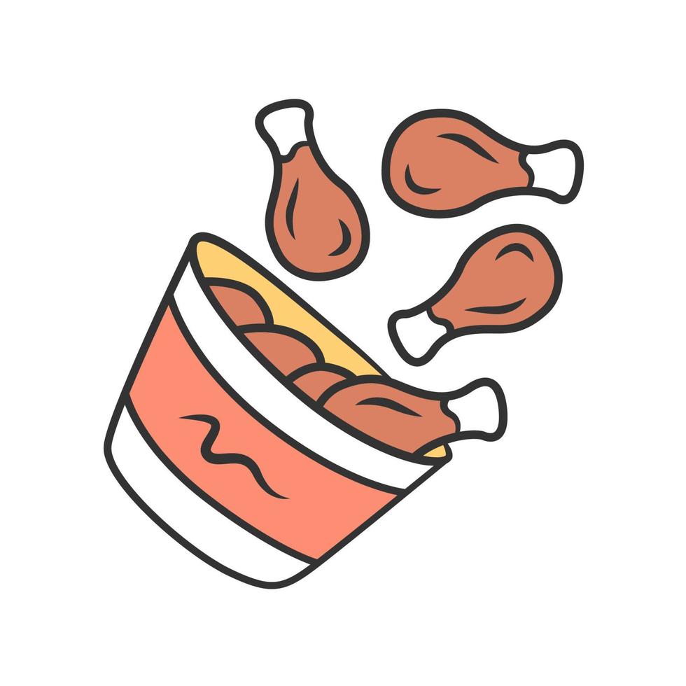 Chicken bucket color icon. BBQ chicken drumsticks, legs. Unhealthy fast food. Cafe, restaurant, snack bar, steakhouse menu. Meat cookery. Street food. Isolated vector illustration