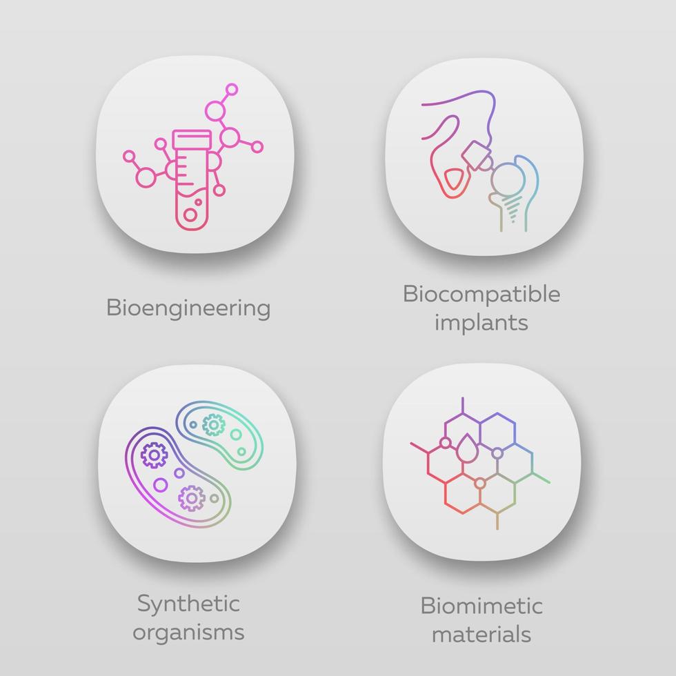Bioengineering app icons set. Biotechnology. Biochemistry, GMO, implantation. UI UX user interface. Web or mobile applications. Vector isolated illustrations
