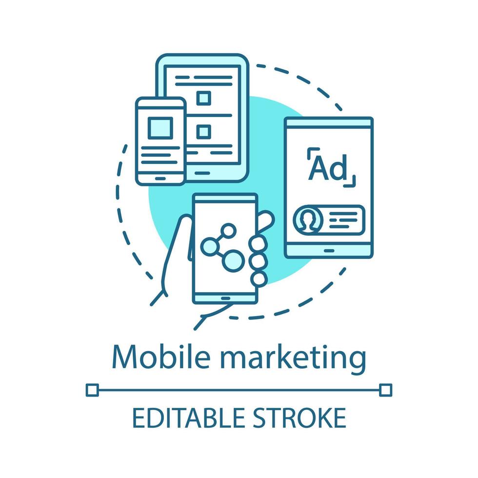 Mobile marketing blue concept icon. Digital marketing strategy idea thin line illustration.Target audience advertising. SMM, display ads, mass mailing. Vector isolated outline drawing. Editable stroke