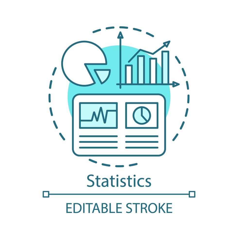 Statistics study, scientific research concept icon. Pie chart, rising graphs idea thin line illustration. Analytics, metrics tools, data visualization, infographics. Vector isolated outline drawing