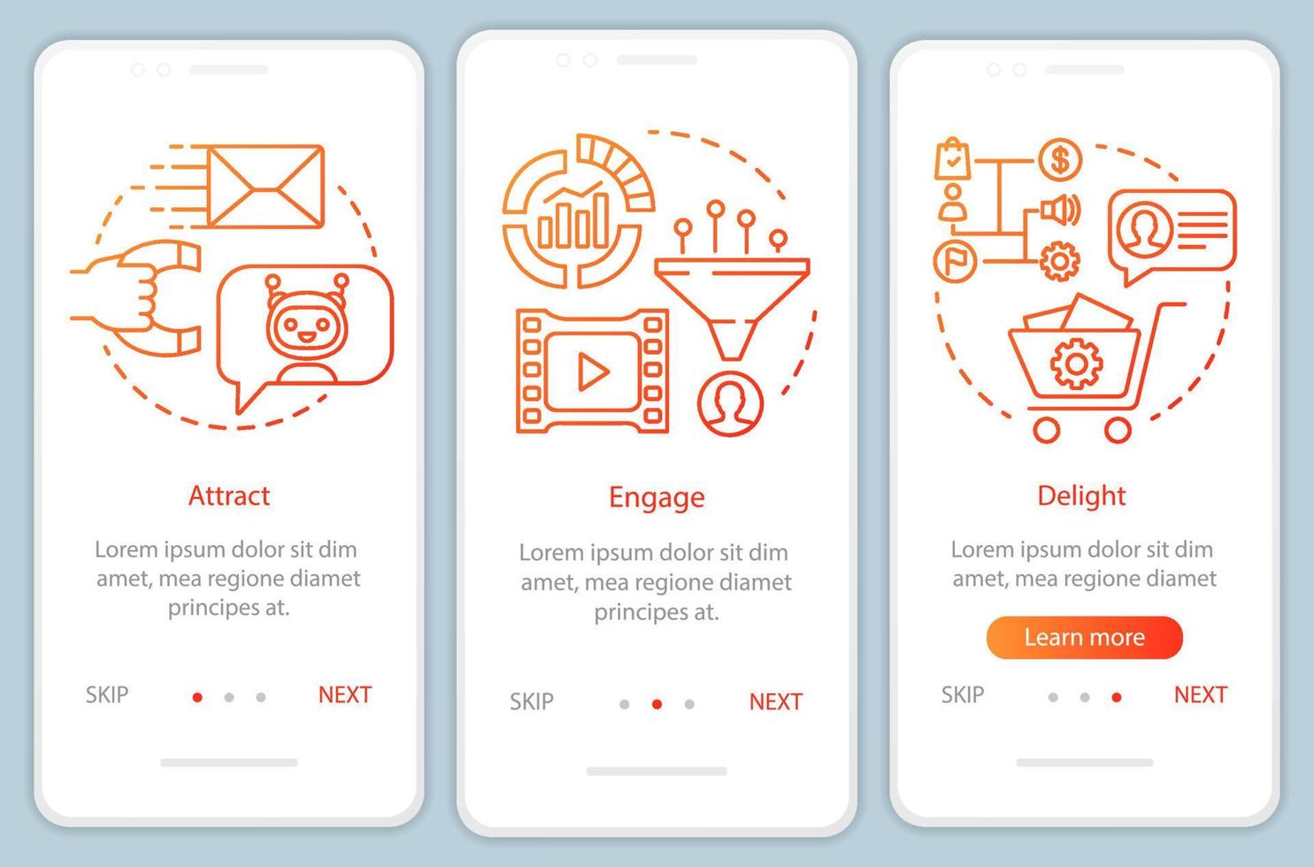 Inbound marketing method for customers orange onboarding mobile app page screen vector template. Delight walkthrough website steps with linear illustrations. UX, UI, GUI smartphone interface concept