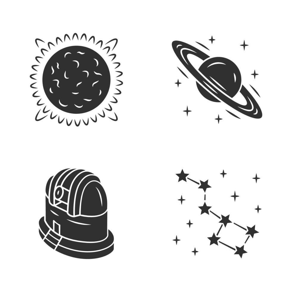 Astronomy glyph icons set. Space exploration. Sun, Saturn, observatory, constellation. Astrophysics, astrology. Celestial objects observing, studying. Silhouette symbols. Vector isolated illustration