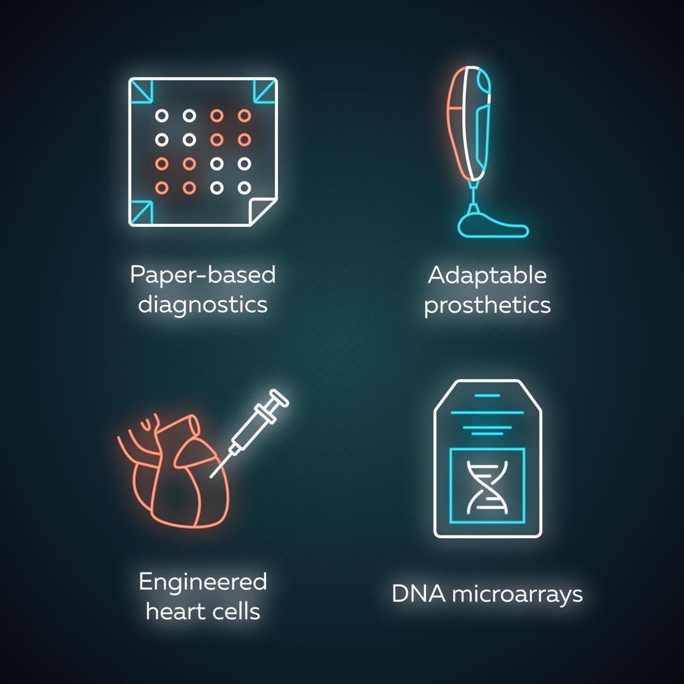 Bioengineering neon light icons set. Medical technologies. Paper-based diagnostics, adaptable prosthetics, engineered heart cells, DNA microarrays. Glowing signs. Vector isolated illustrations