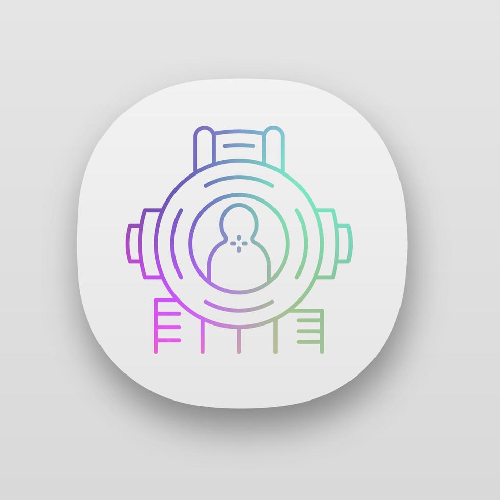 Shooting aim app icon. Shooter from first person. Sniper aim, gun crosshair. Rifle, firearm target, focus. UI UX user interface. Web or mobile application. Vector isolated illustration
