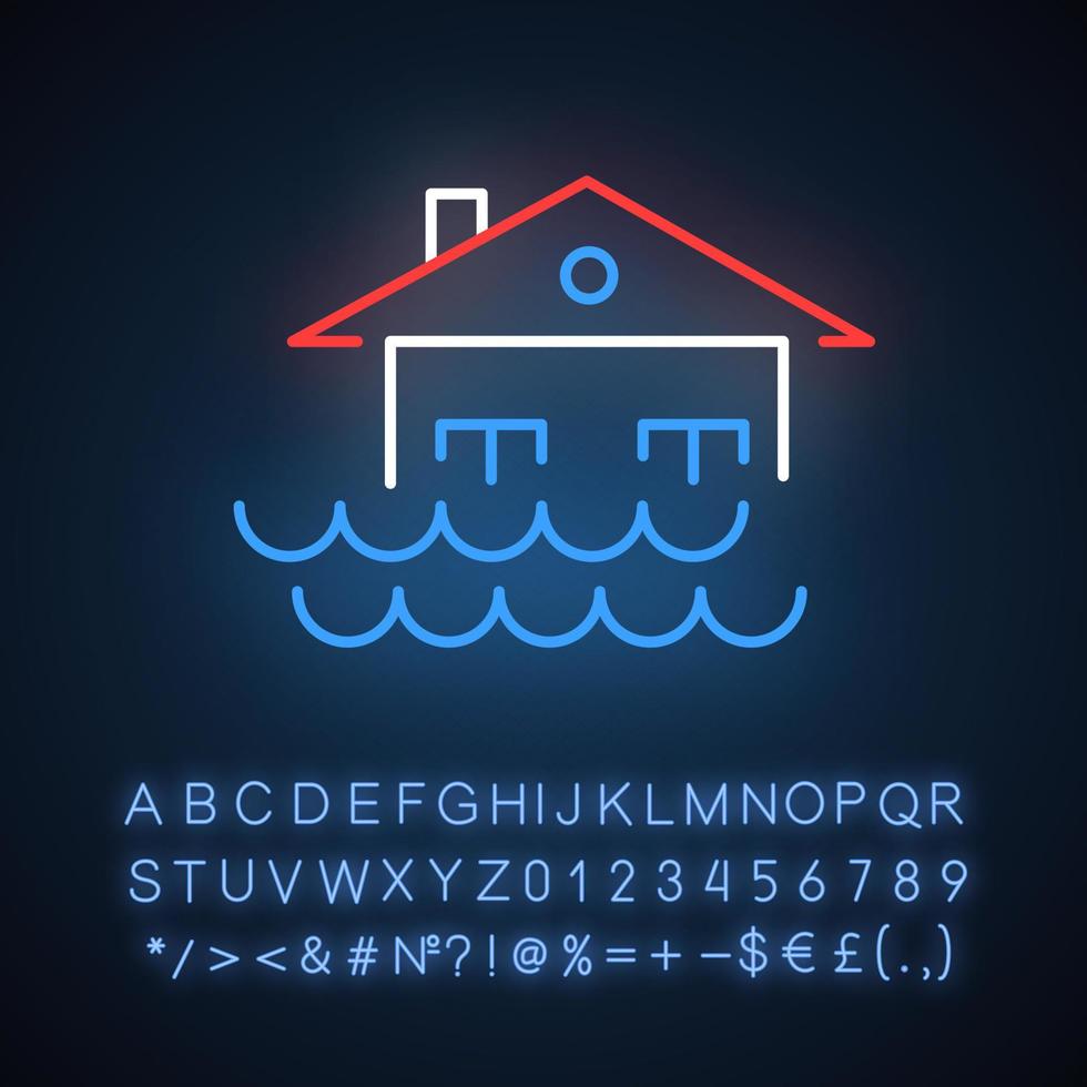 Flood neon light icon. Overflow of water. Sinking house. Submerged building. Flooding locality. Natural disaster. Glowing sign with alphabet, numbers and symbols. Vector isolated illustration