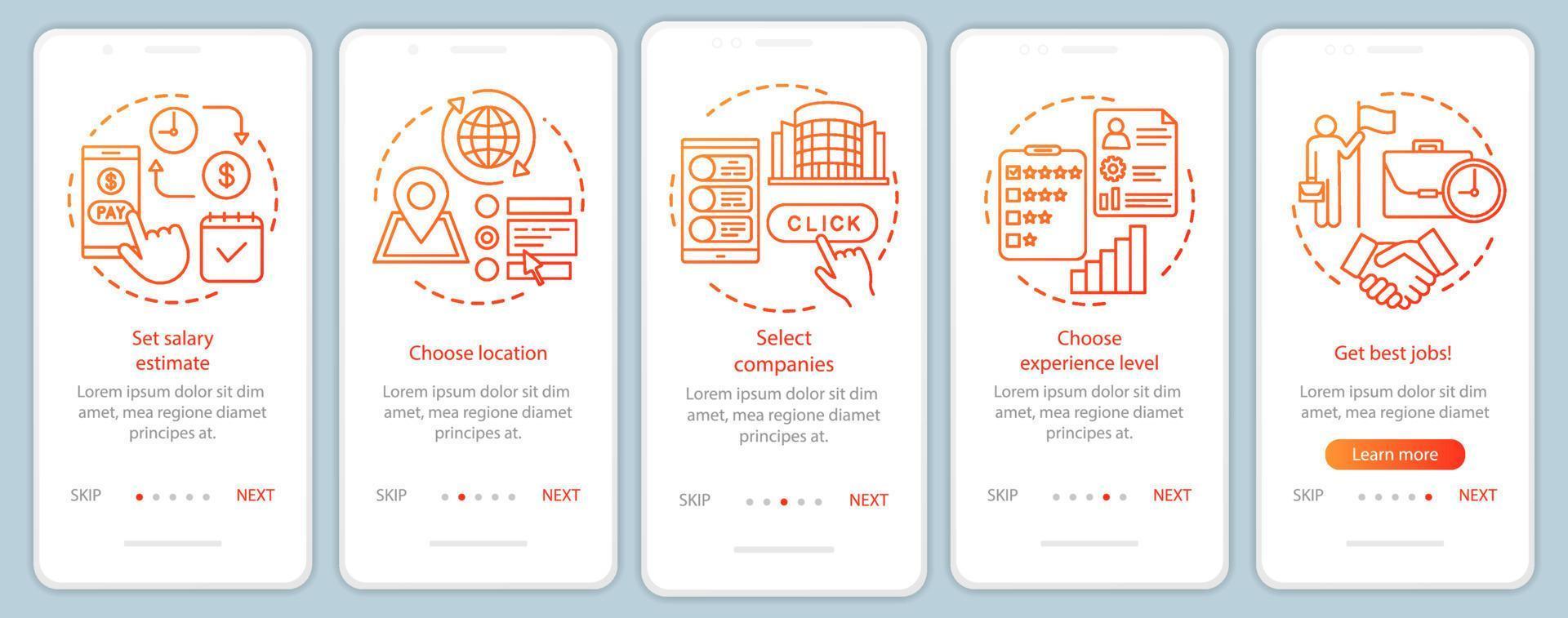 búsqueda de trabajos a tiempo parcial plantilla de vector de pantalla de página de aplicación móvil de incorporación naranja. seleccionar empresas, trabajo. paso a paso del sitio web con ilustraciones lineales. ux, ui, concepto de interfaz de teléfono inteligente gui