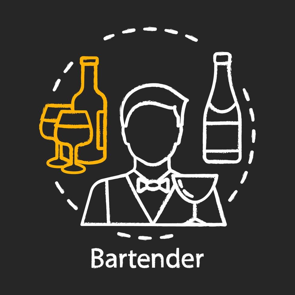 icono de tiza de camarero. barman, cantinero. sirviendo bebidas alcohólicas. restaurante, personal del bar. negocio de catering. vino, bebida alcohólica en botella. ilustración de pizarra de vector aislado