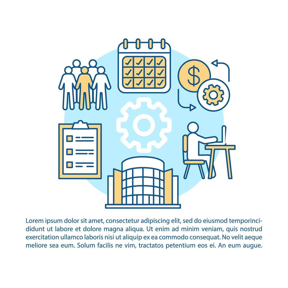 Employment article page vector template. Team leader, top manager position. Brochure, booklet design element with linear icons, text boxes. Print design. Concept illustrations with text space