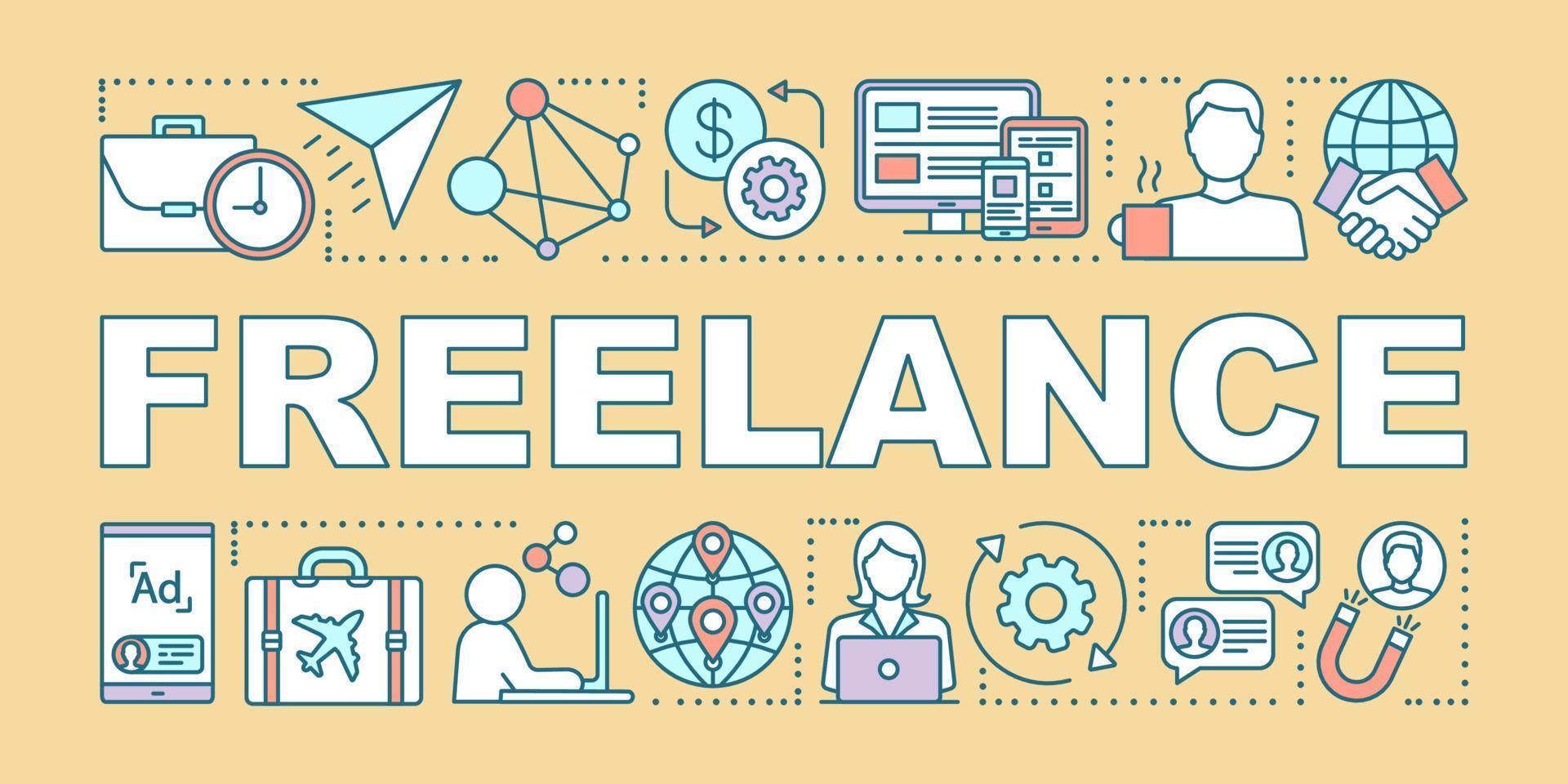 Freelance word concepts banner. Online job. Remote working, home office. Presentation, website. Isolated lettering typography idea with linear icons. Vector outline illustration