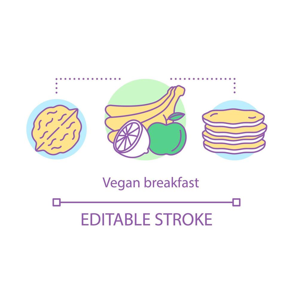 desayuno vegano, icono del concepto de nutrición vegetariana. ilustración de línea delgada de idea de estilo de vida saludable. alimentos orgánicos. frutas frescas, nuez y tortitas vector dibujo de contorno aislado. trazo editable