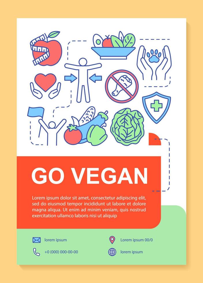 Vegetarian lifestyle brochure template layout. Go vegan flyer, booklet, leaflet print design with linear illustrations. Vector page layouts for magazines, annual reports, advertising posters