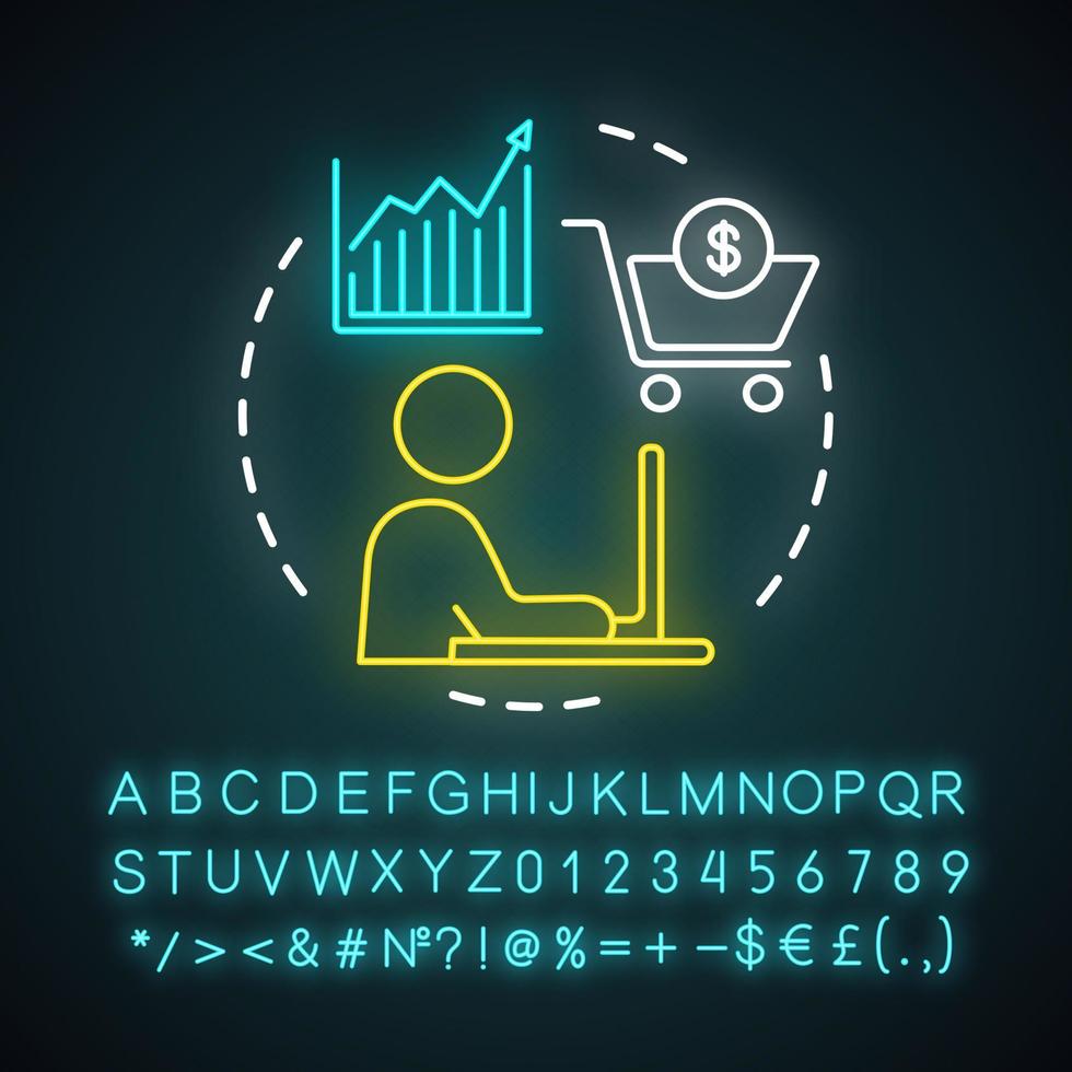 Online sales neon light icon. Digital marketing. Shopping, trading. Merchandise, retail, e-commerce. Salesman, marketer. Glowing sign with alphabet, numbers and symbols. Vector isolated illustration