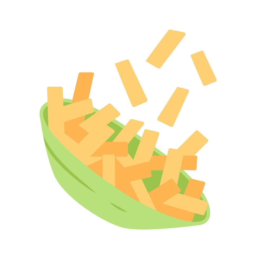 Fried potato flat design long shadow color icon. French fries, chips in bowl. Fast food snack. Cafe, restaurant menu. Delicious meal. Unhealthy nutrition. Junk food. Vector silhouette illustration