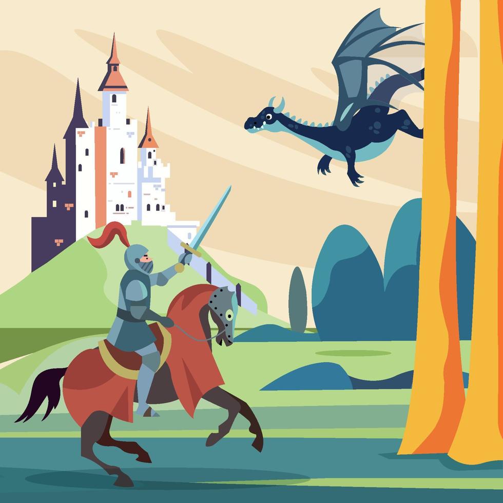 Hero Defend Castle From Dragon Concept vector