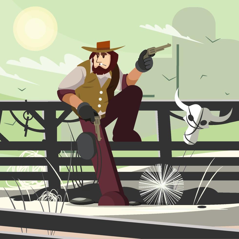 Cowboy Holding Two Guns Leaning On The Fence vector
