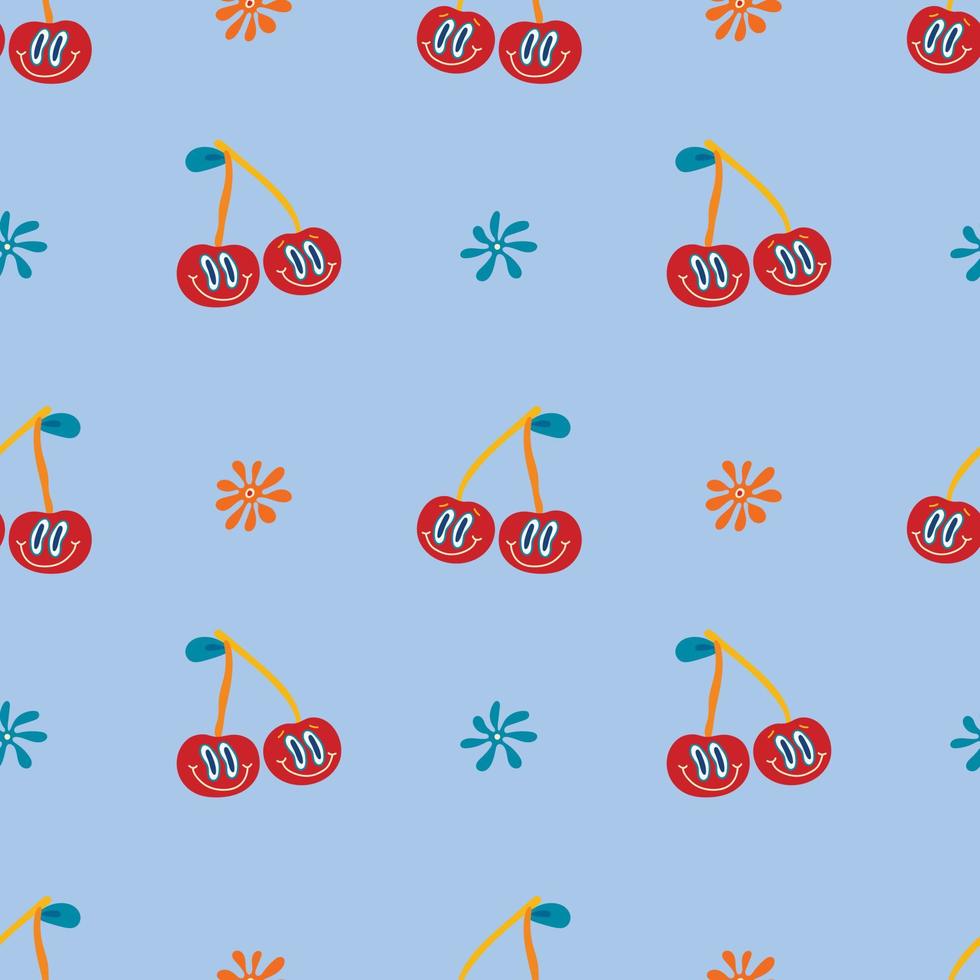 Psychedelic seamless patterns in retro 70s style, groovy hippie backgrounds. Teen funky print with crazy cherries and hippie-style flowers. vector