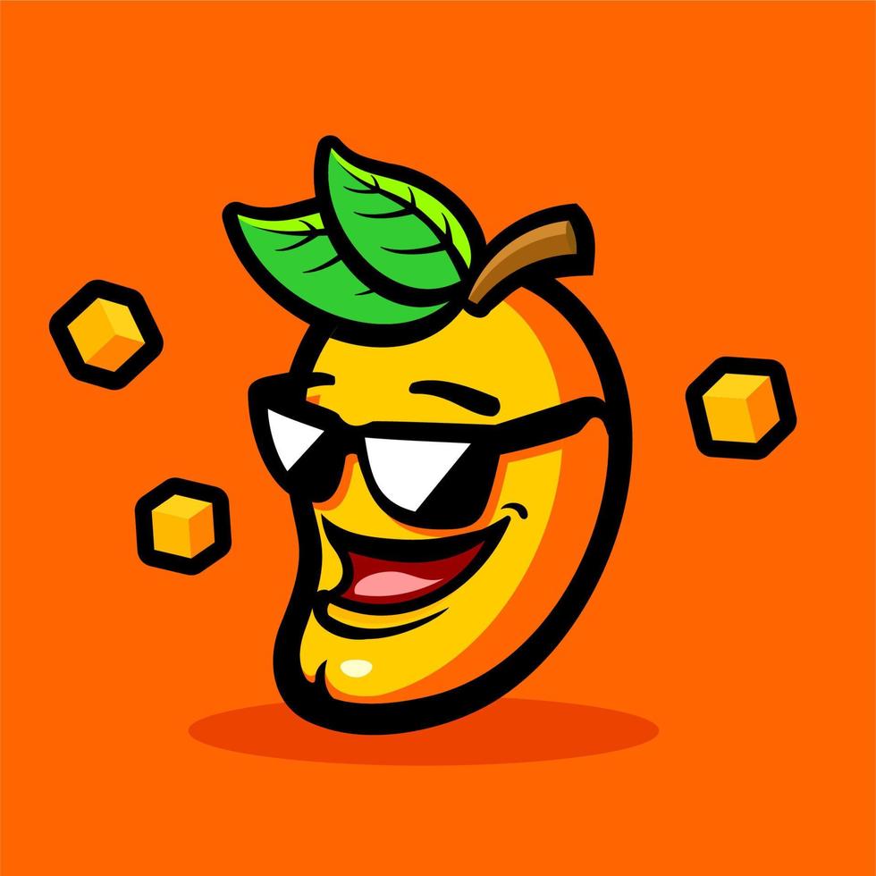 linda mascota de mango funky sonriente con gafas de sol y hojas en naranja vector