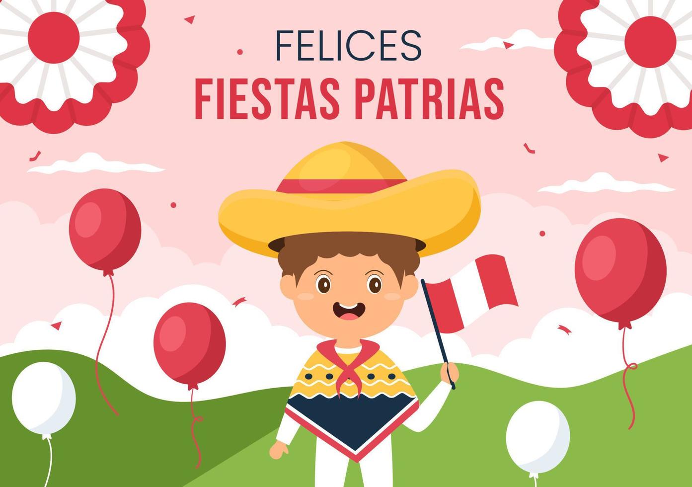 felices fiestas patrias o ilustración de dibujos animados del día de la independencia peruana con bandera y gente linda para la celebración nacional de perú el 28 de julio en un fondo de estilo plano vector