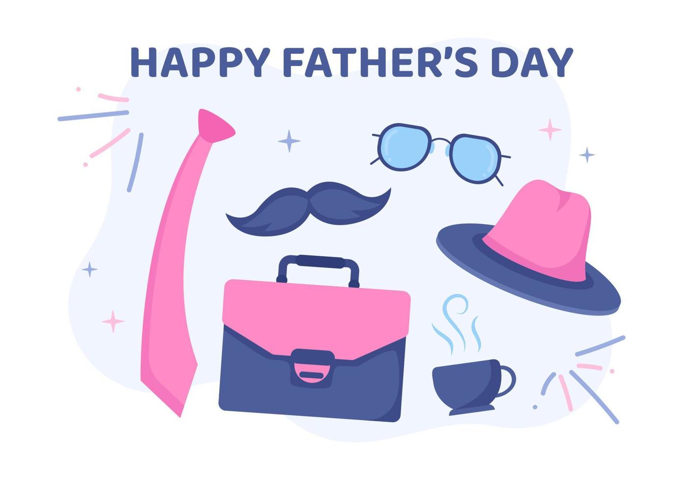 ilustración de dibujos animados del día del padre feliz con corbata, bigote, gafas de sol, taza de café o bolsa en diseño de estilo plano para afiche o tarjeta de felicitación vector