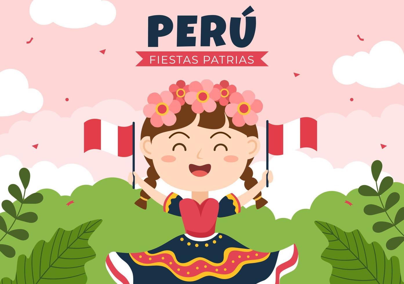 Felices Fiestas Patrias or Peruvian Independence Day Cartoon Illustration with Flag and Cute People for National Holiday Peru Celebration on 28 july in Flat Style Background vector