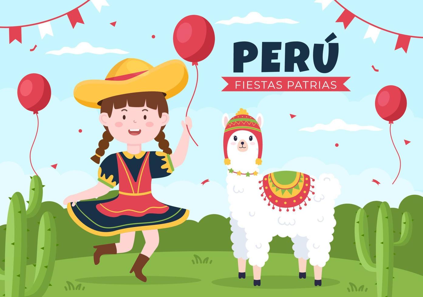 Felices Fiestas Patrias or Peruvian Independence Day Cartoon Illustration with Flag and Cute People for National Holiday Peru Celebration on 28 july in Flat Style Background vector