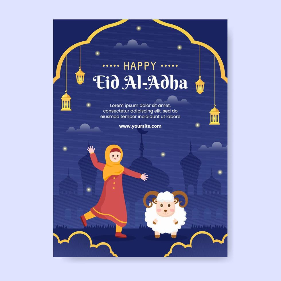 ilustración de diseño plano de plantilla de póster vertical de eid al adha editable de fondo cuadrado adecuado para redes sociales o tarjeta de felicitación vector