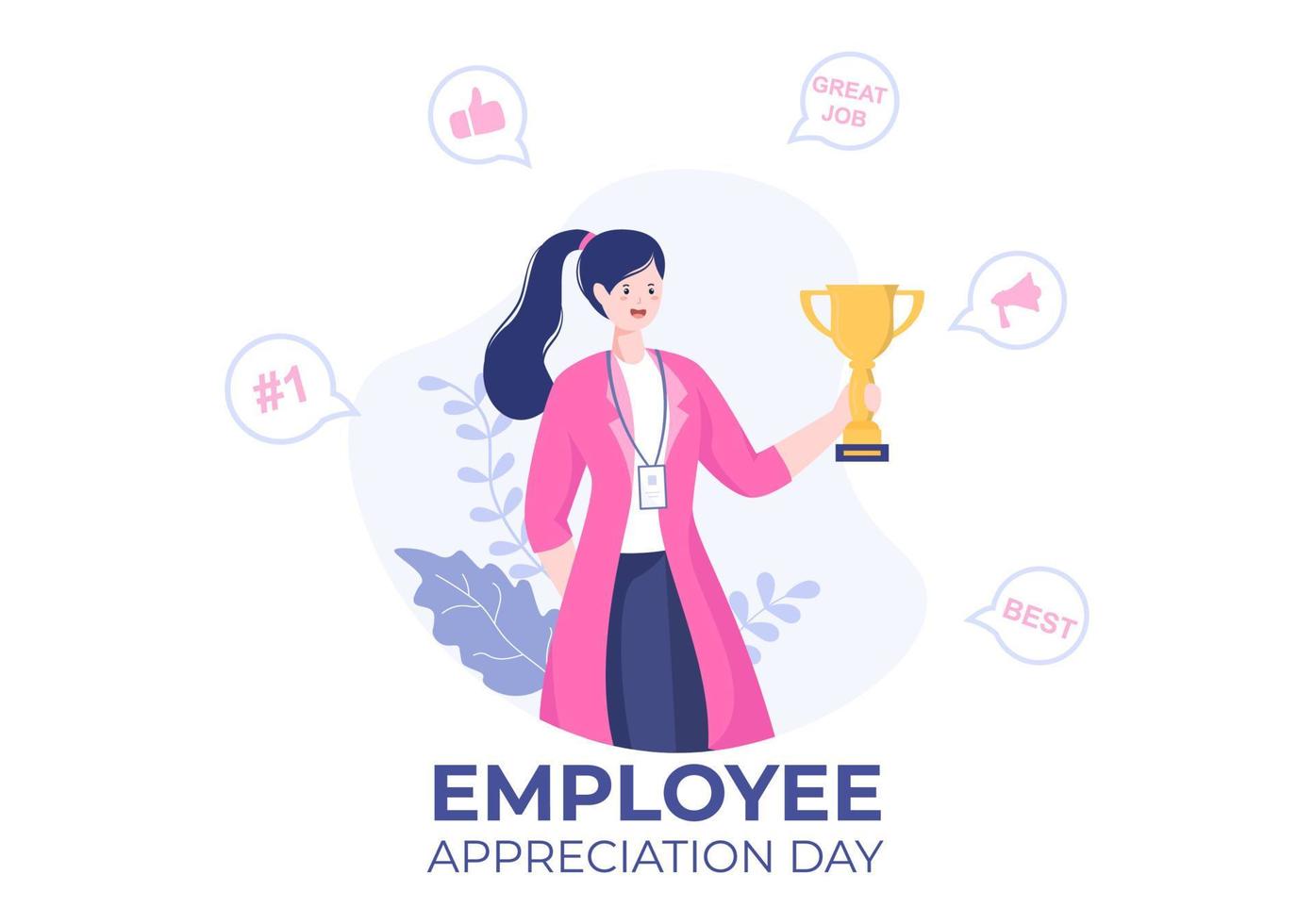 feliz día de apreciación de los empleados ilustración de dibujos animados para agradecer o reconocer a sus empleados con un gran trabajo o trofeo en estilo plano vector