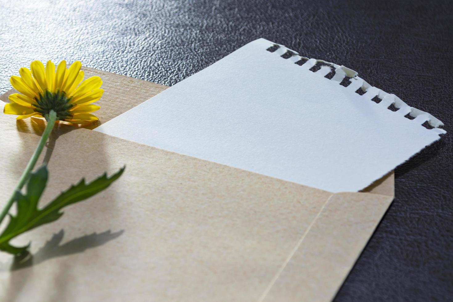 Paper and envelope on wooden surface with sunflowers flat lay with copy space. photo