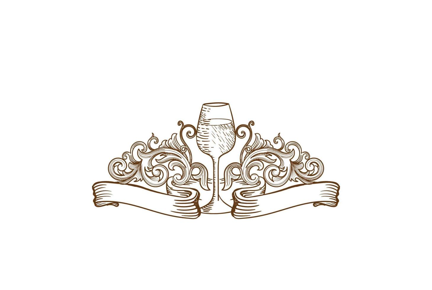copa de vino retro vintage dibujada a mano con borde de adorno y vector de diseño de logotipo de etiqueta de cinta