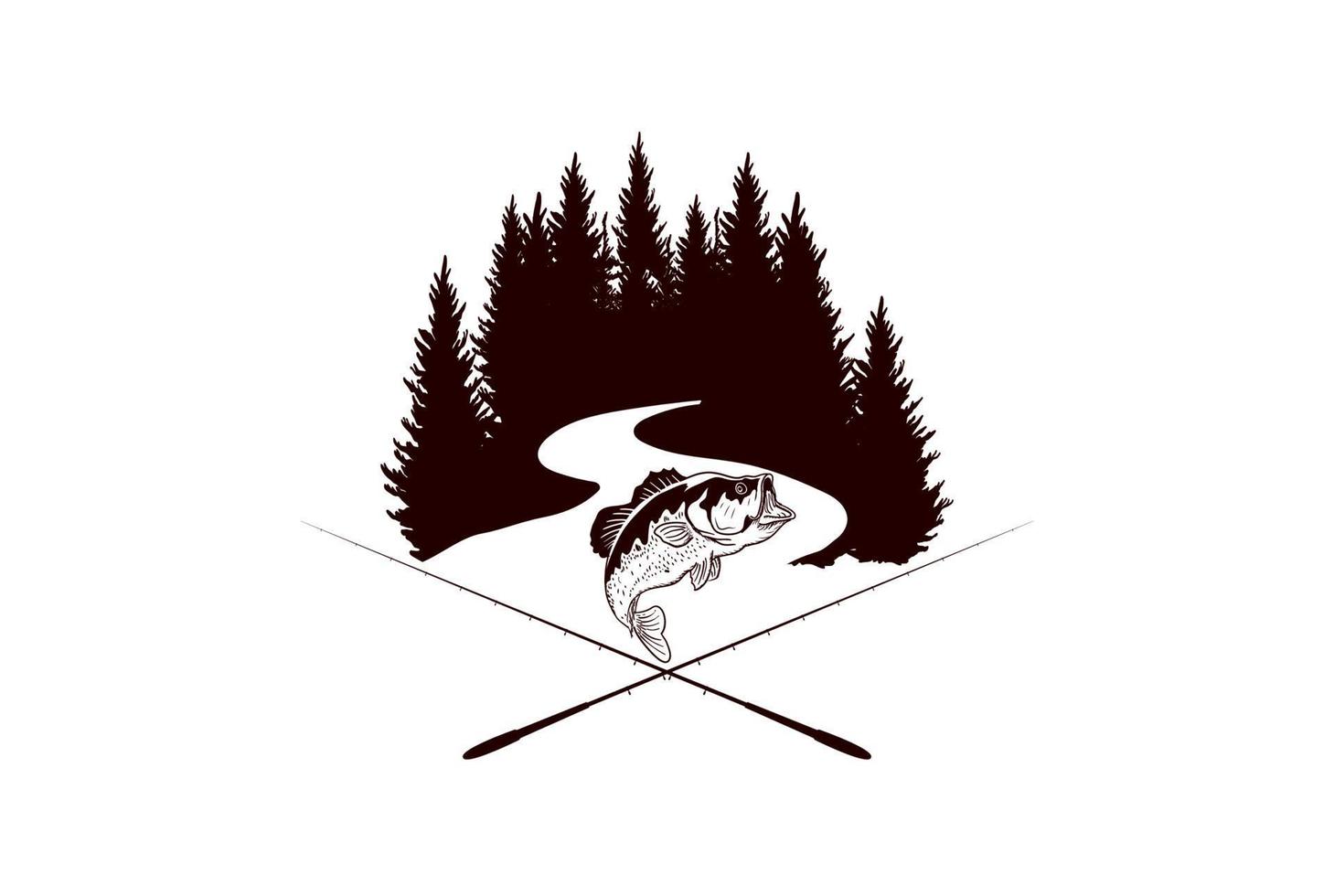 Bass Carp Salmon with Pines Conifer Evergreen Tree for Forest River Creek Angler Fishing Emblem Logo design vector