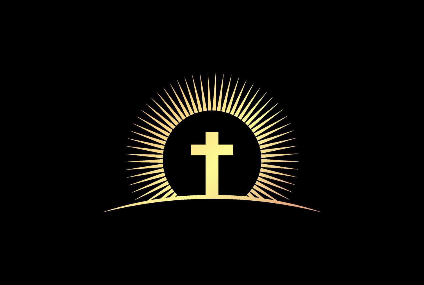 Golden Sun Sunset Sunrise with Jesus Christian Cross for Church Chapel Logo Design Vector