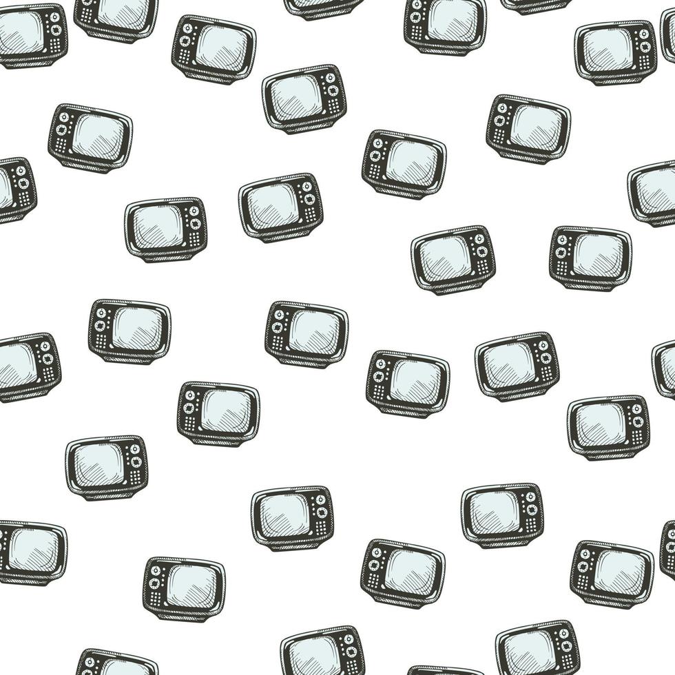 Retro TV engraved seamless pattern. Vintage television background in hand drawn style. vector