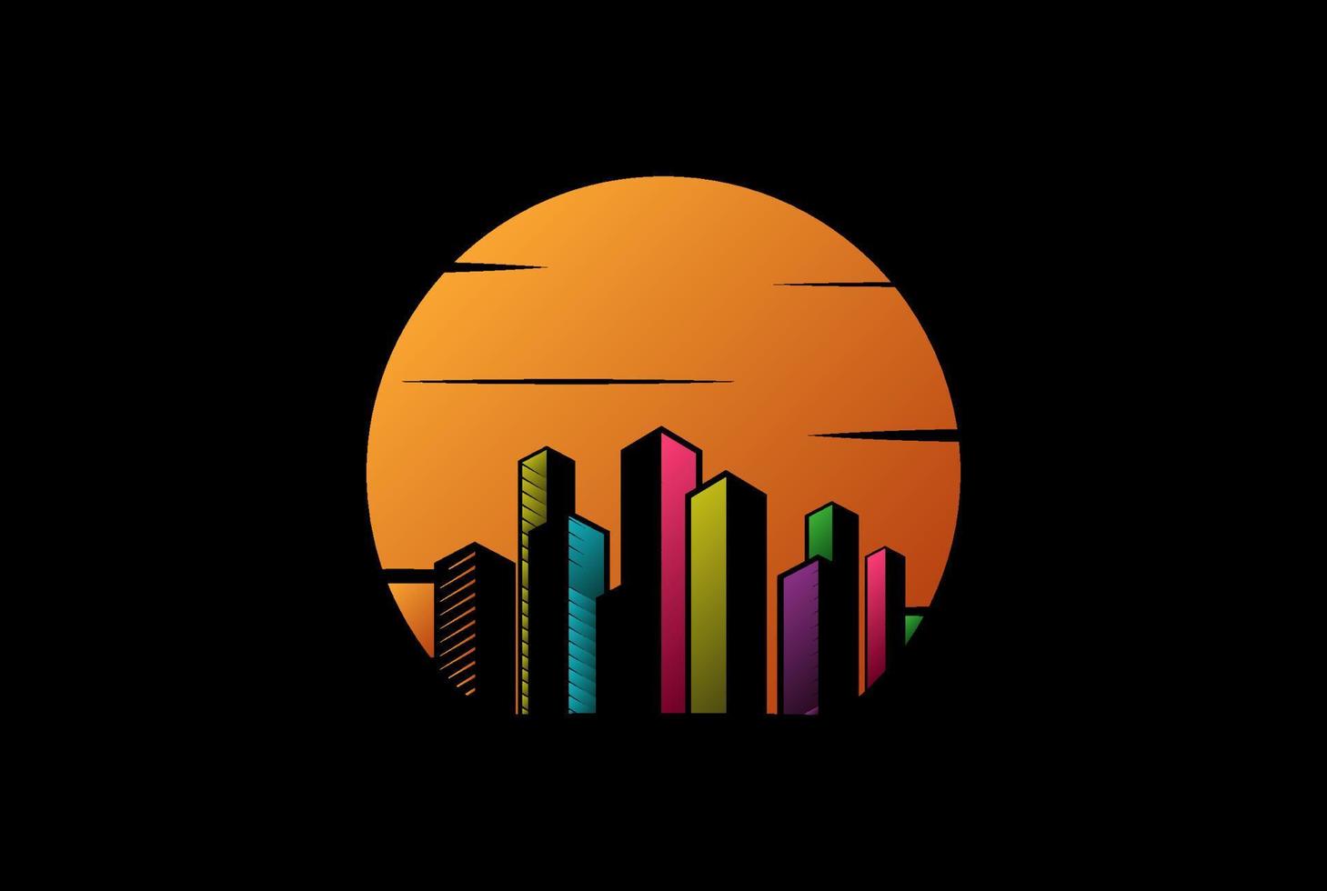 Sunset Urban City Town Building Silhouette Logo Design Vector