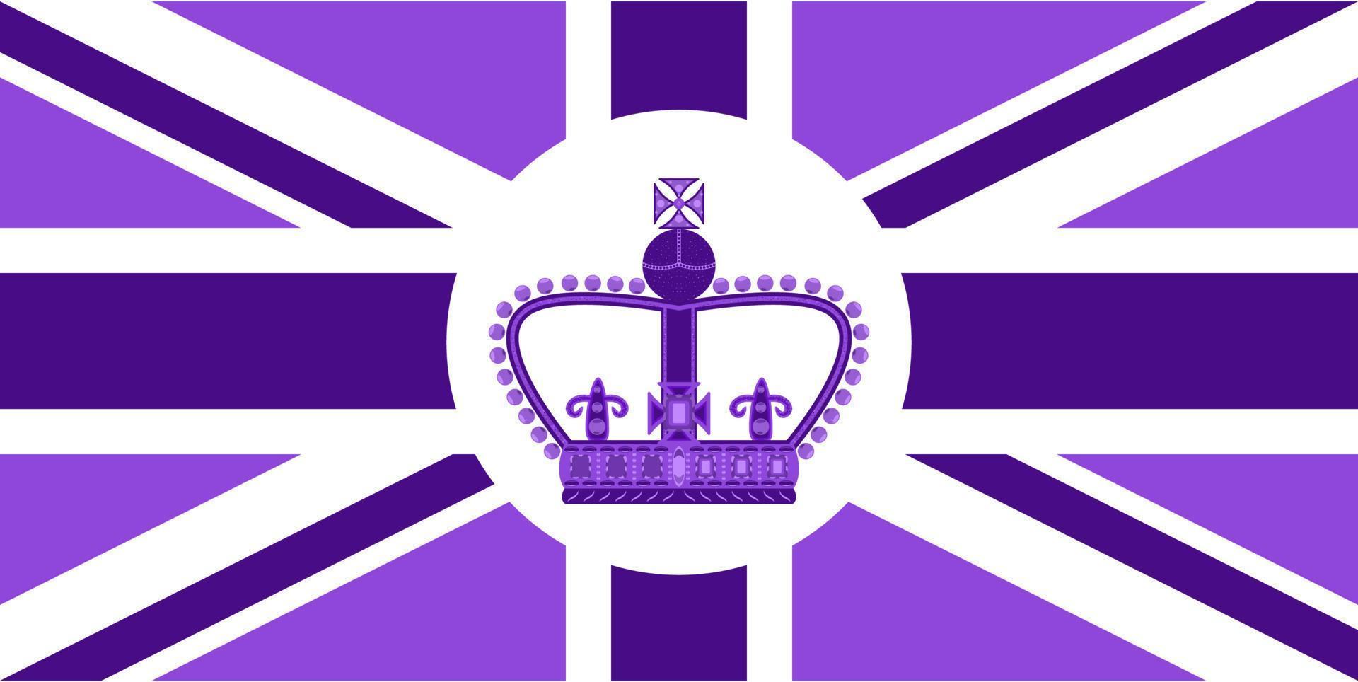 British flag in purple with emblem for 70 anniversary Queen on throne in UK. Poster with platinum jubilee symbol. Purple banner template or card vector