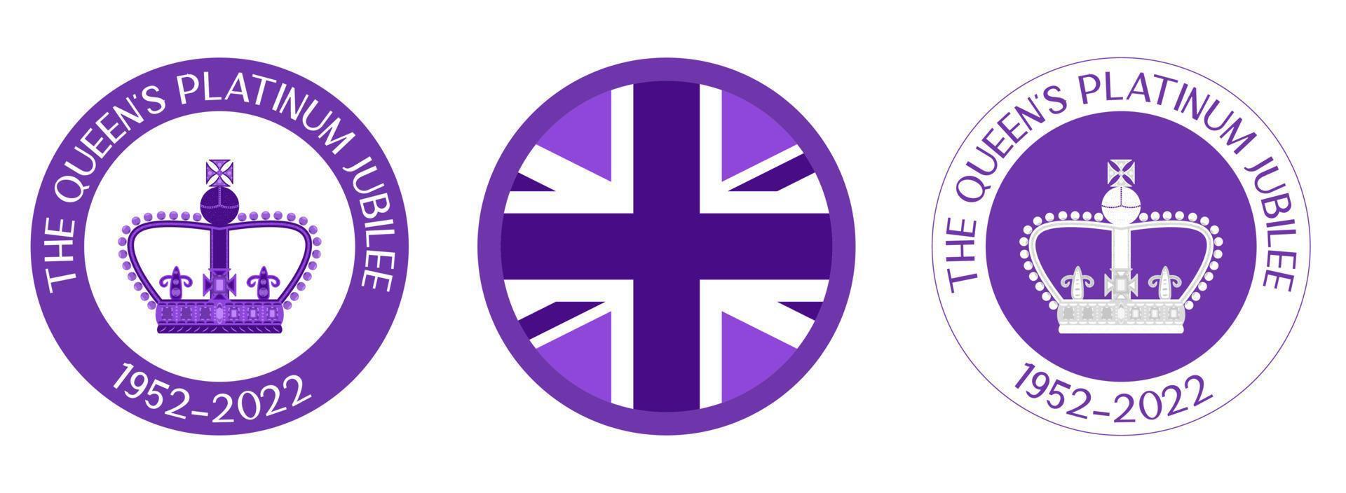 The queen platinum jubilee icon set. In 2022 70th anniversary in England. Graphic elements for poster template, banner or social media announcements vector