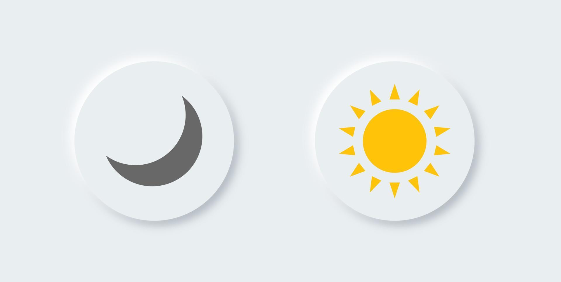 Daymode and nightmode neumorphic buttons set vector illustration. Neomorphism element design for user interface.