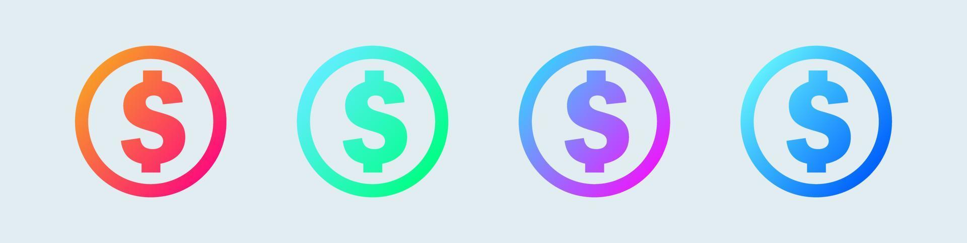 Dollar bill icon set in circle gradient colors. American currency vector icon.