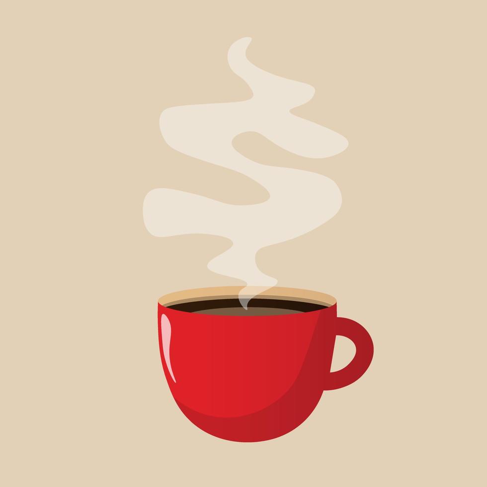 Red cup of coffee or tea with smoke float up. Vector Illustration. Flat Style. Decorative design for cafeteria, posters, banners, cards.