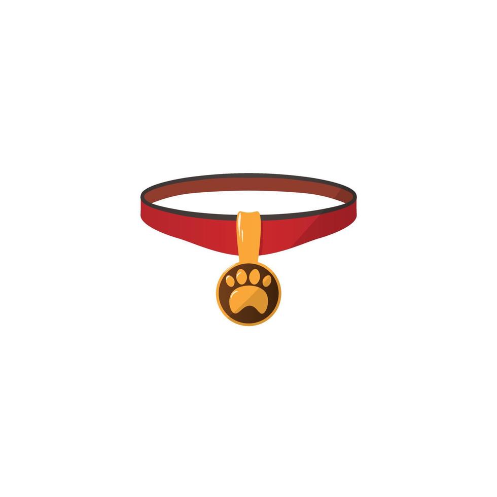 Red collar with medal for cats and dogs. Cartoon pets necklace and golden tag. Isolated kittens or puppies accessory. Metal badge with animal footprint. Vector canine belt template illustration