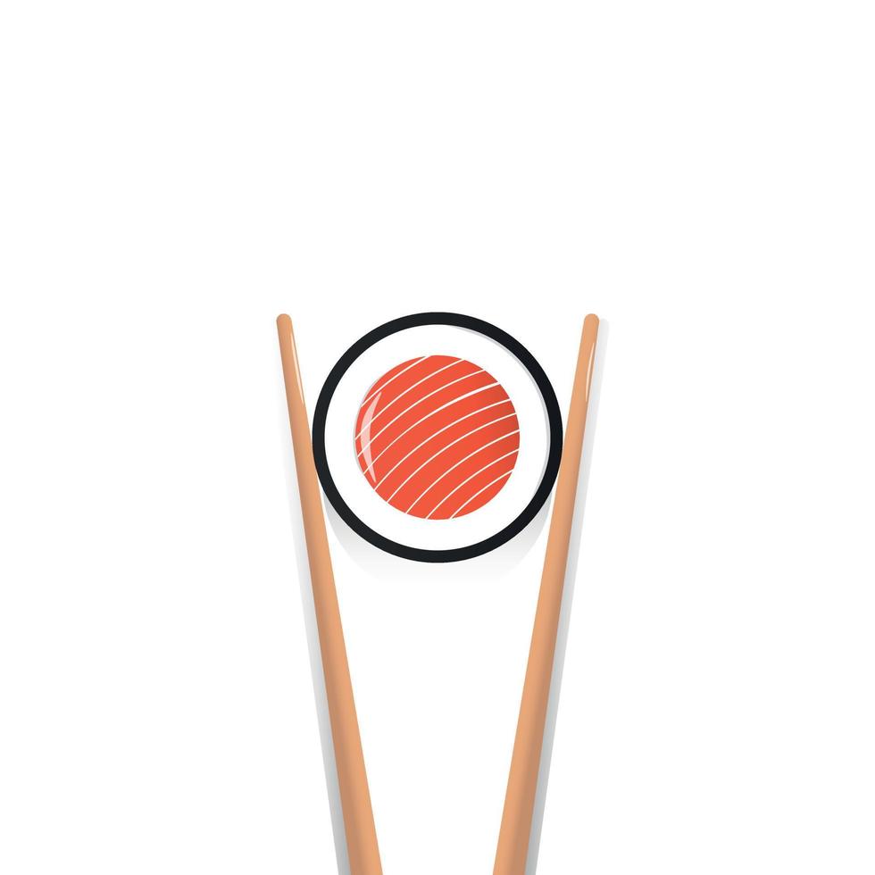 chopsticks holding sushi roll. concept of snack, exotic nutrition, restaurant, sea food. isolated on white background. flat style trend modern logo design vector illustration
