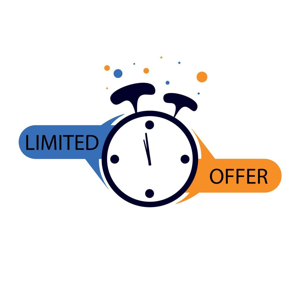 icono de oferta limitada con cuenta regresiva de tiempo. etiqueta súper promocional con despertador. último banner de oferta para promoción de venta. oferta de prisa de pegatina plana azul y naranja. etiqueta de subasta sello de oportunidad de última hora. vector